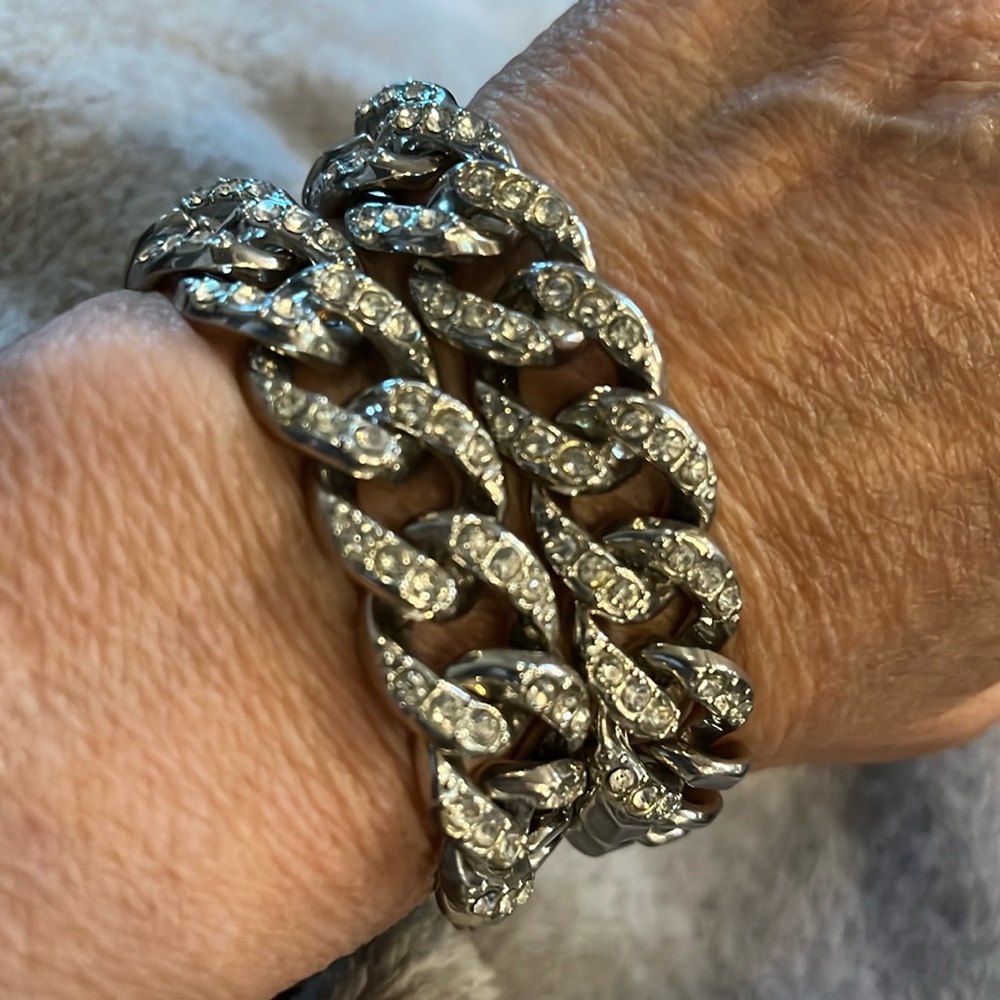 CHUNKY DOUBLE SILVER TONE RHINESTONE STUDDED CUBAN CHAIN BRACELET